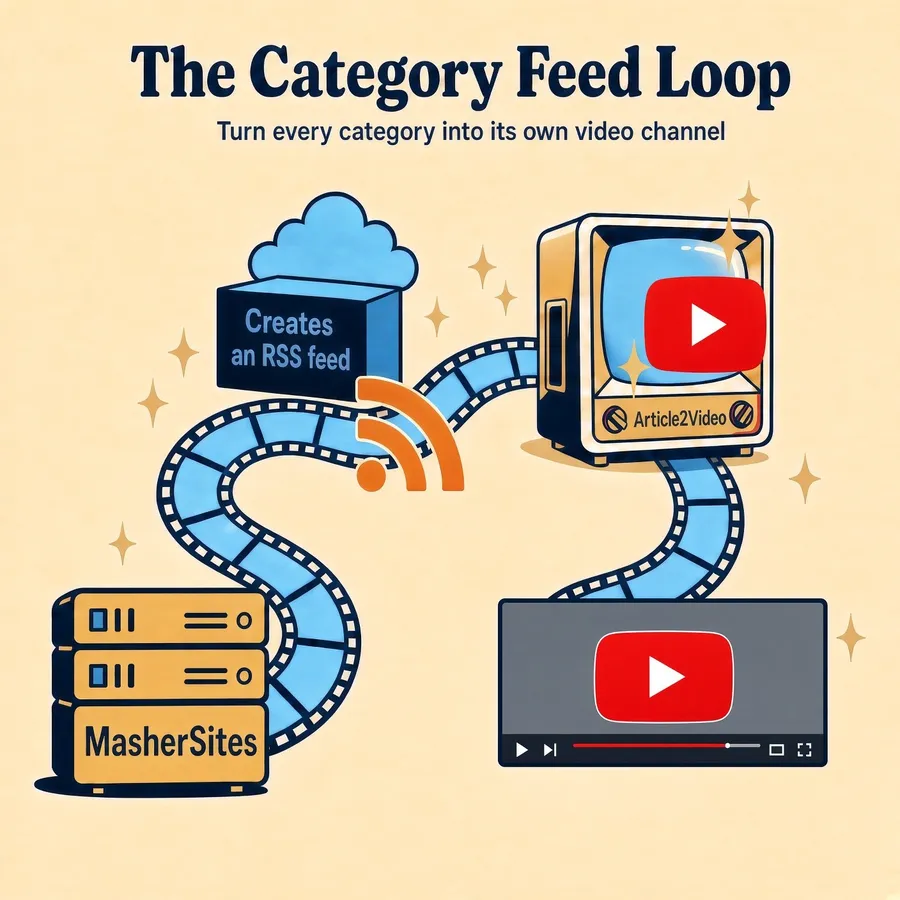 Diagram: a Masher Site creates an RSS feed for each category, Article2Video turns it into videos, and the videos fill a YouTube channel