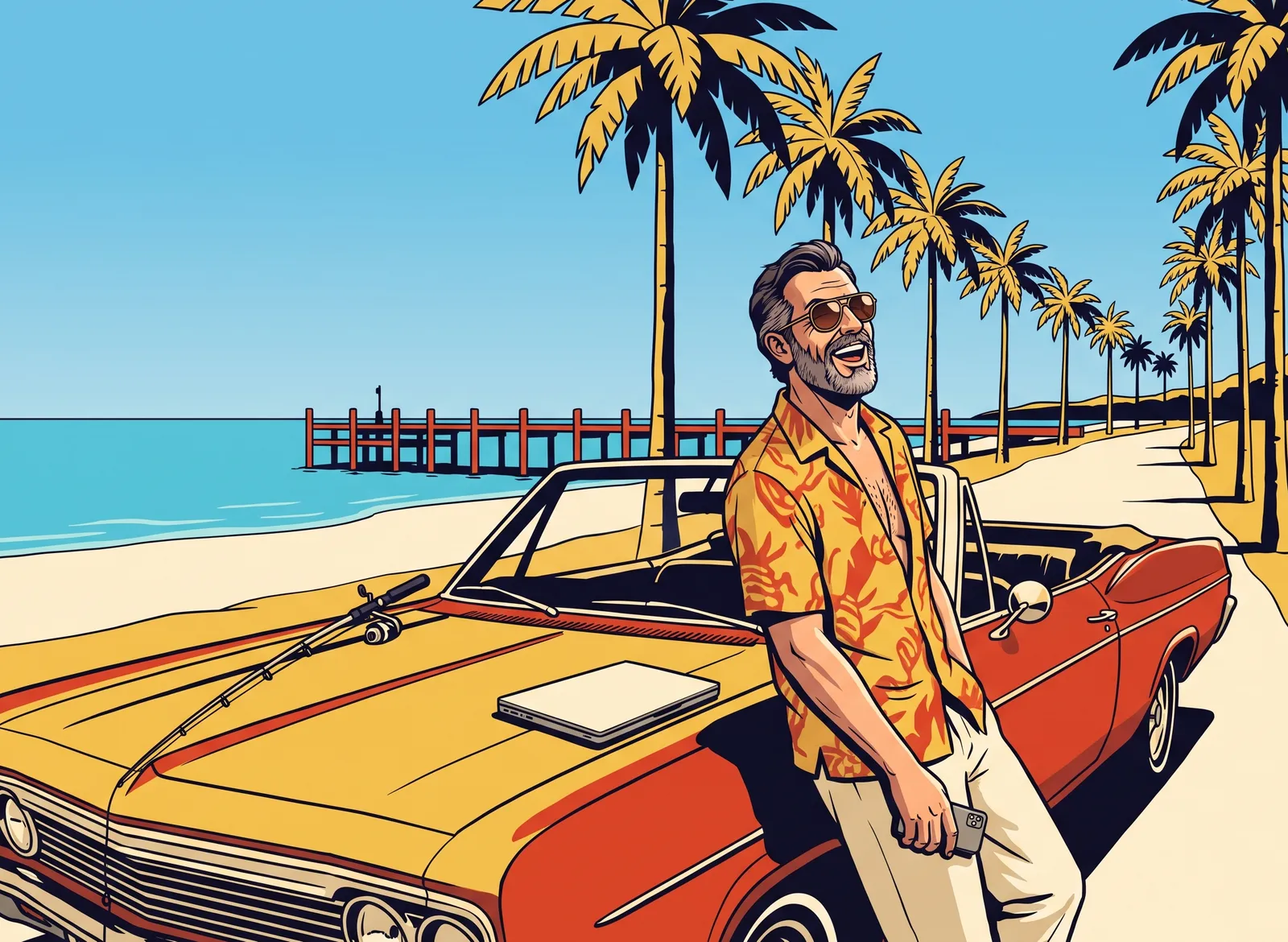 Illustration of a relaxed man leaning on a red convertible at the beach, laptop closed on the hood