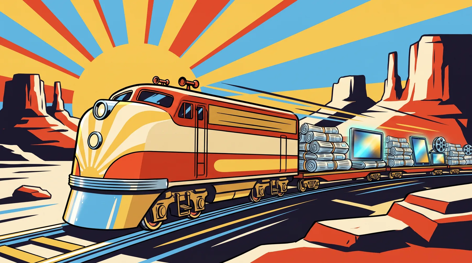 Illustration of a retro streamliner train carrying newspapers, tablets and film reels across a sunny desert