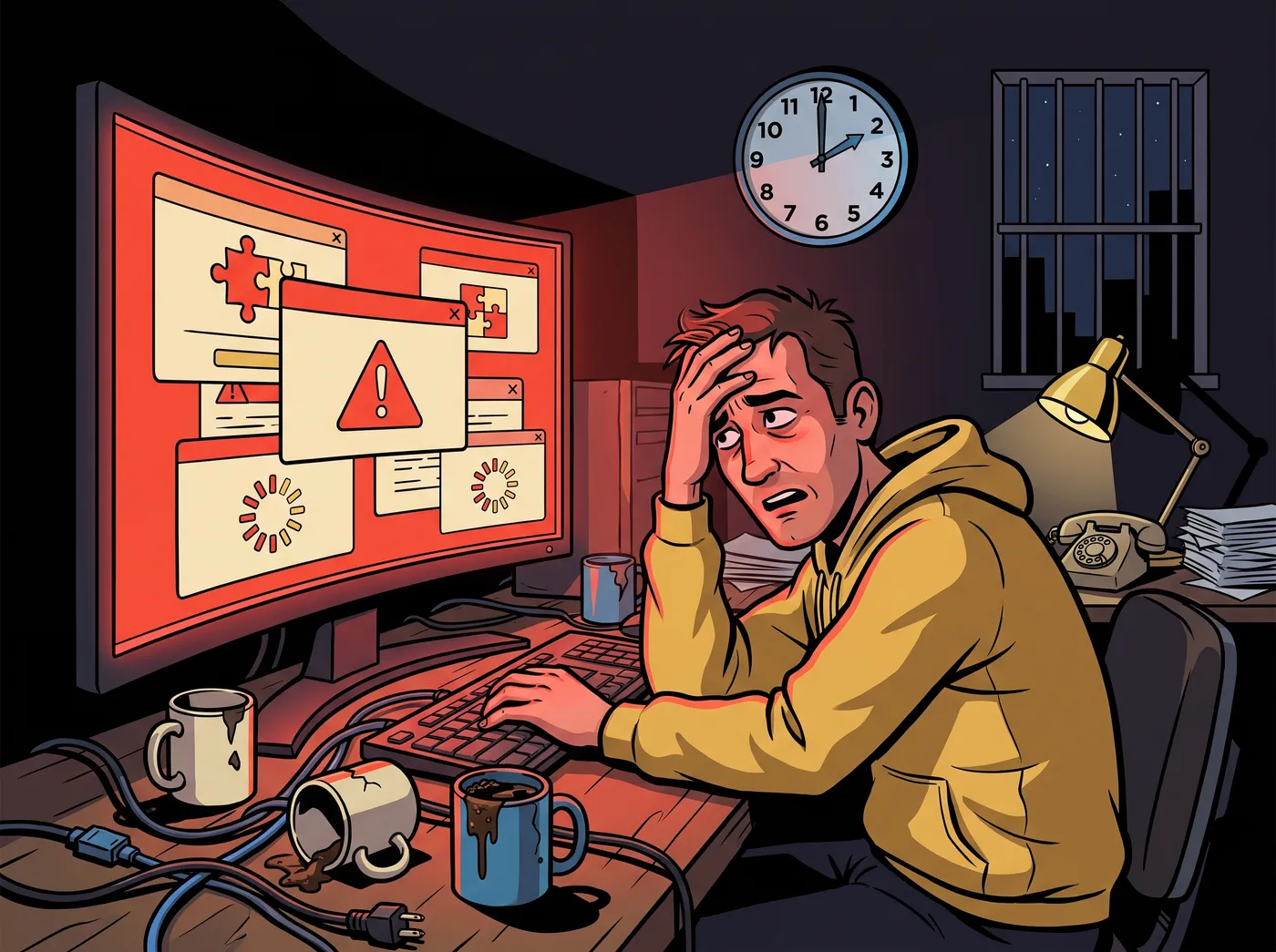 Illustration of a tired man at 2 a.m. facing a screen full of plugin warning pop-ups
